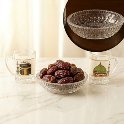 Two Glass Mugs & One Tray Set For Zamzam and Khajoor (Dates)